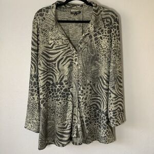 Boho Chic Gold Paisley Animal Print Artsy Bohemian Disco Oversized Blouse M